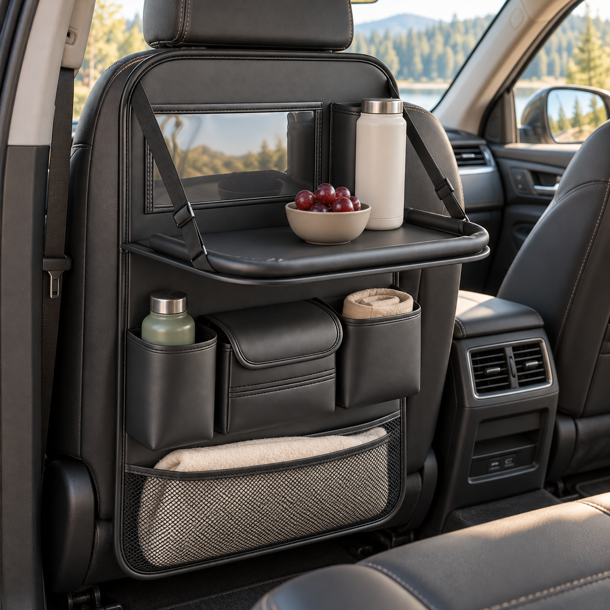 π Backseat Organizer | Leather-Effect | Long Drives | Travelers | Fold-Down Tray
