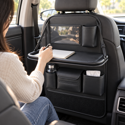 🚙 Backseat Organizer | Leather-Effect | Long Drives | Travelers | Fold-Down Tray