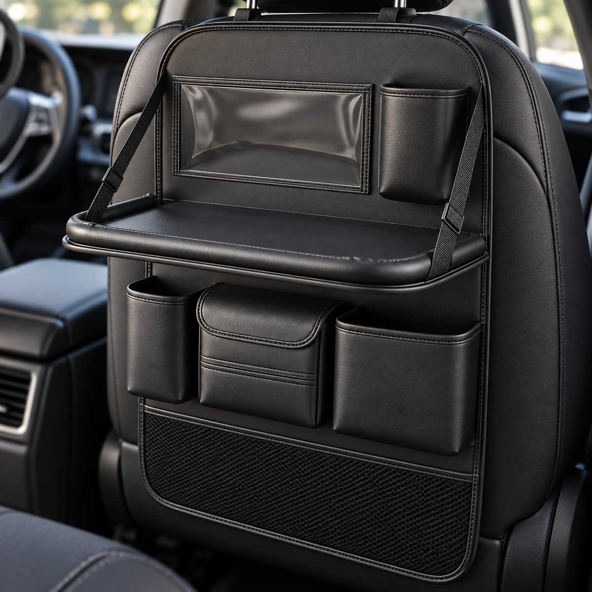 🚙 Backseat Organizer | Leather-Effect | Long Drives | Travelers | Fold-Down Tray