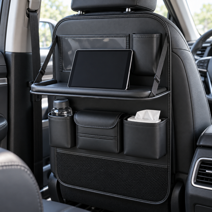 🚙 Backseat Organizer | Leather-Effect | Long Drives | Travelers | Fold-Down Tray