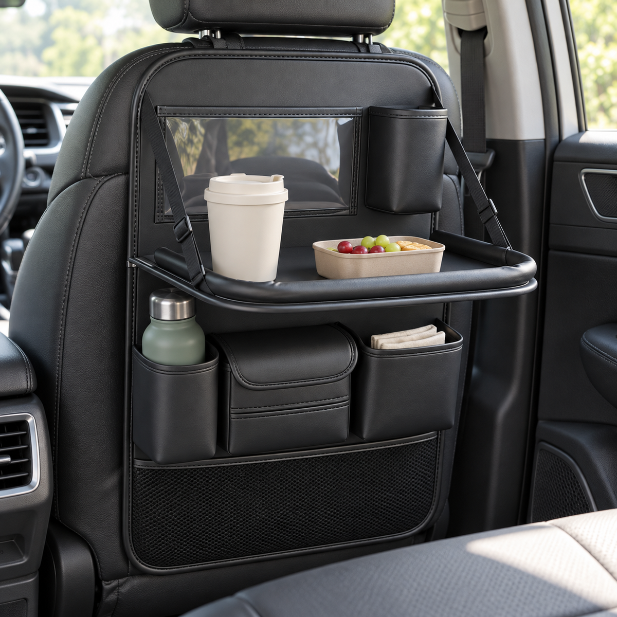 🚙 Backseat Organizer | Leather-Effect | Long Drives | Travelers | Fold-Down Tray