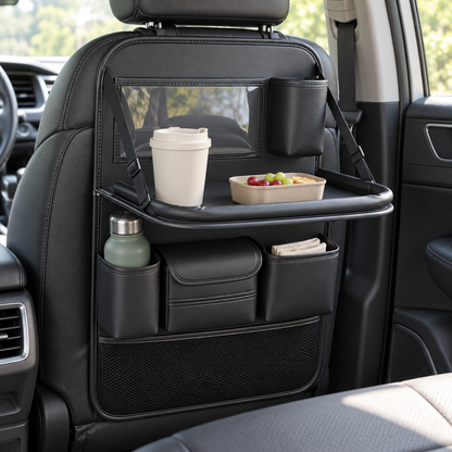 🚙 Backseat Organizer | Leather-Effect | Long Drives | Travelers | Fold-Down Tray
