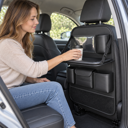 🚙 Backseat Organizer | Leather-Effect | Long Drives | Travelers | Fold-Down Tray