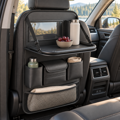 🚙 Backseat Organizer | Leather-Effect | Long Drives | Travelers | Fold-Down Tray